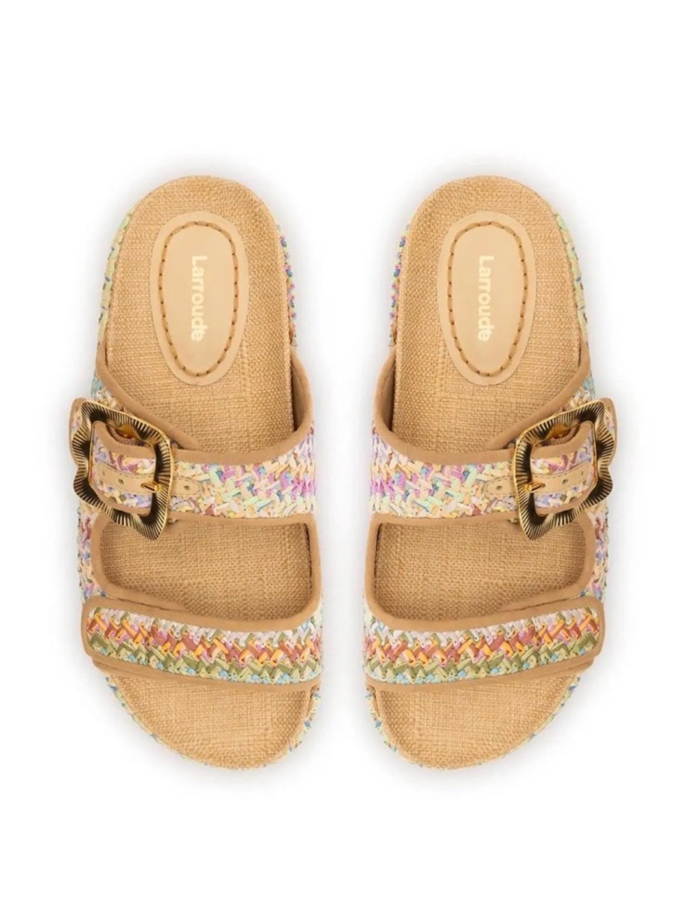 Never worn Larroude Maui Slide In Tapestry Rainbow Raffia & Beige Trimming, Sz 9